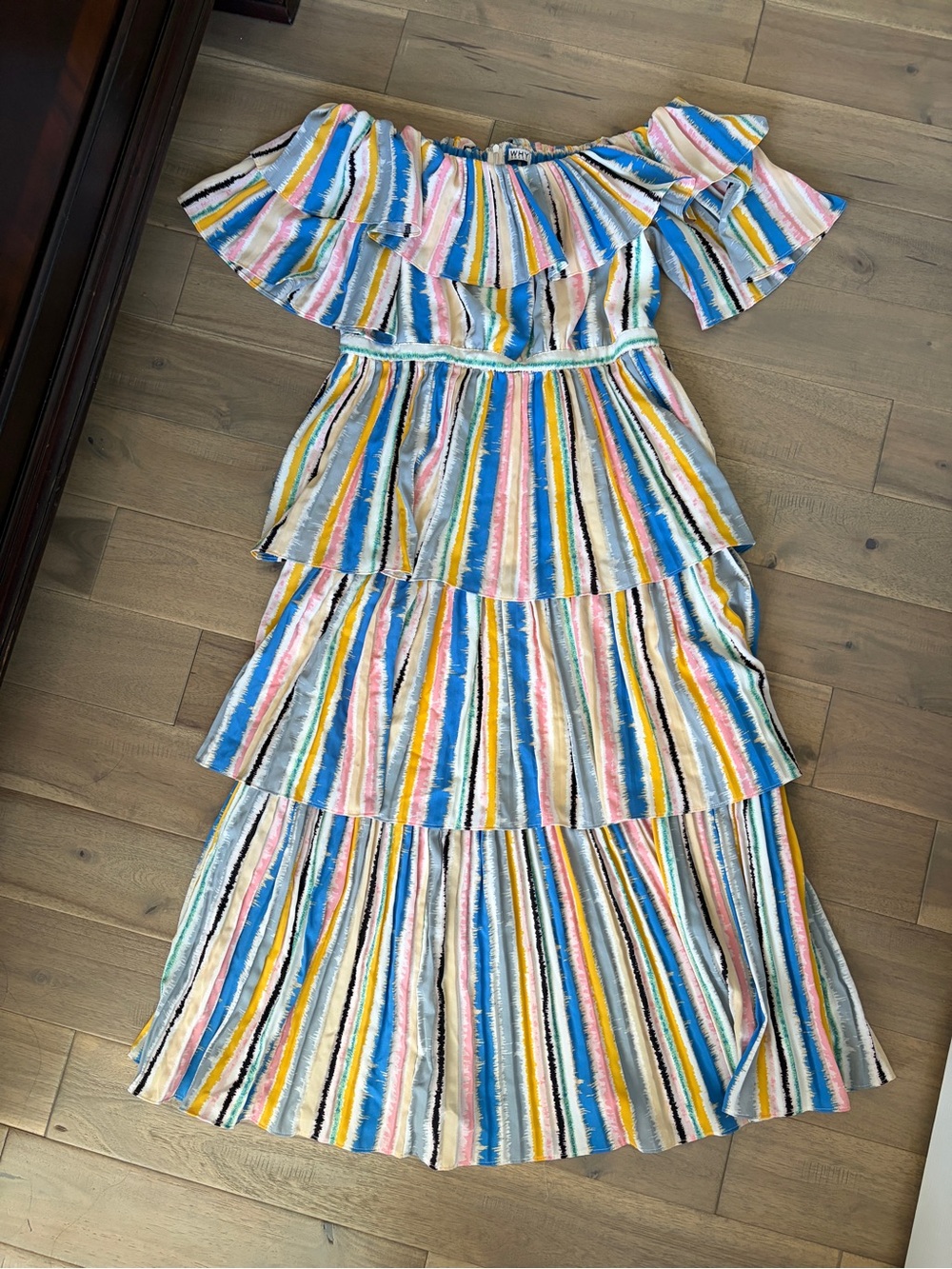 WHY Dress Rainbow Vibrant Stripe Off Shoulder Ruffle Midi Dress Large